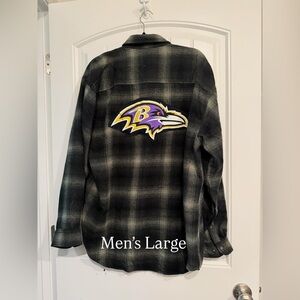 Baltimore Ravens Women's Plaid Shirt Shacket Flannel Top NFL Upcycled Men’s Lg